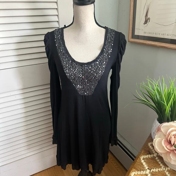 LA FEE MARABOUTEE Dress 1 US XS Black Long Sleeve Mini Sequins Holiday Glam - Picture 1 of 15